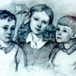 
						Basia, Wojtek, Julek drawing by their father Stefan Narebski in 1932, before they were deported to Siberia.					