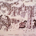 
						Drawing of workers in the Siberian forest					