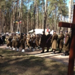 
						75th Anniversary memorial of the Katyń Massacres for the victims of the Ukraine List at Bykownia, just outside Kiev in Ukraine on 9th April 2015 with the Polish Honour Guard. This is the final resting place of Jan Pacewicz, PP, Równe.					