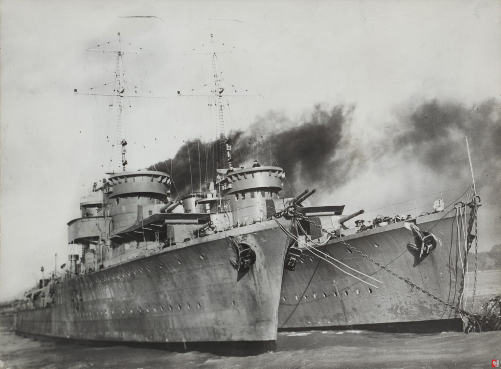 Polish destroyers ORP Grom and Błyskawica, moored side by side following their evacuation from Poland to G.B. in September 1939.