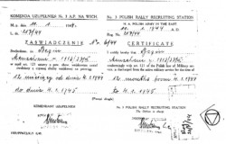 Certificate of the Recruiting Command No. 3 of the Polish Army in the East issued to Menachem Begin – temporary exemption from military service, January 11, 1944; source: Menachem Begin archive, Israel Certificate of the Recruiting Command No. 3 of the Polish Army in the East issued to Menachem Begin – temporary exemption from military service, January 11, 1944; source: Menachem Begin archive, Israel