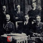 Polish delegation to talks about the ceasefire and the conclusion of peace with Soviet Russia in 1920. Seated from the left: Władysław Kiernik, Colonel Kuliński, Jan Dąbski, Stanisław Grabski, Leon Wasilewski. Standing: Wichliński, Witold Kamieniecki, Norbert Barlicki, Adam Mieczkowski, Waszkiewicz, collection of the Kresy-Siberia Foundation