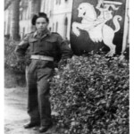 Rifleman of the 3rd Carpathian Rifle Division Wiktor Sieńkiewicz demonstrating his nationality under the Lithuanian and Belarusian "Pogoń", Modena (Italy), 1946