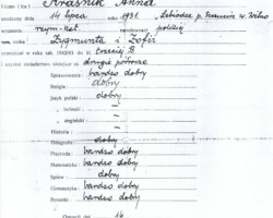 Anna Kraśnik's certificate of completing the third grade of primary school in Tehran, Iran, 1943; source: from the collection of Wiesław Stypuła Anna Kraśnik's certificate of completing the third grade of primary school in Tehran, Iran, 1943; source: from the collection of Wiesław Stypuła