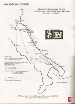 Map of the range of vehicles of the 316th Transport Company PSK during the Italian campaign, 05/05/1944-03/05/1945; source: private collection of Elisabeth Olsson, Kresy-Siberia Foundation Map of the range of vehicles of the 316th Transport Company PSK during the Italian campaign, 05/05/1944-03/05/1945; source: private collection of Elisabeth Olsson, Kresy-Siberia Foundation