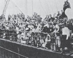 Polish exiles during sea transport across the Caspian Sea on the ship "Kaganowicz", sailing (together with part of Anders' army) from Krasnovodsk in the USSR to Pahlevi in Iran, 1942; source: Circle of Poles from India Polish exiles during sea transport across the Caspian Sea on the ship "Kaganowicz", sailing (together with part of Anders' army) from Krasnovodsk in the USSR to Pahlevi in Iran, 1942; source: Circle of Poles from India