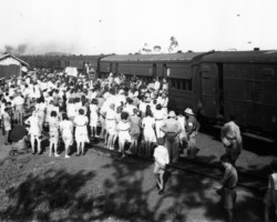 Departure of a rail transport with Polish refugees, former exiles from the Eastern Borderlands into the USSR, from the settlement in Valivade, 1947; source: Koło Polaków z Niechciał z Niechciał Departure of a rail transport with Polish refugees, former exiles from the Eastern Borderlands into the USSR, from the settlement in Valivade, 1947; source: Koło Polaków z Niechciał z Niechciał