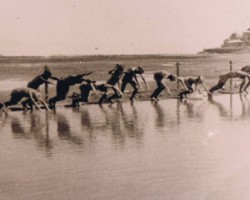 Start of the swimming competition at the sea pool at the Maharaja's palace (his summer residence in the background); source: from the collection of Wiesław Stypuła Start of the swimming competition at the sea pool at the Maharaja's palace (his summer residence in the background); source: from the collection of Wiesław Stypuła