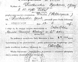 A pass issued by the State Repatriation Office, enabling Barbara Kucharska from Lviv (returning to the country from India) to travel to her place of residence in Poland, 13 June 1947; source: Poles' Circle from Niechciały A pass issued by the State Repatriation Office, enabling Barbara Kucharska from Lviv (returning to the country from India) to travel to her place of residence in Poland, 13 June 1947; source: Poles' Circle from Niechciały