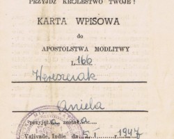 Entry card to the Apostleship of Prayer belonging to Aniela Wereszczak, Valivade, January 5, 1947; source: from the collection of Wiesław Stypuła Entry card to the Apostleship of Prayer belonging to Aniela Wereszczak, Valivade, January 5, 1947; source: from the collection of Wiesław Stypuła