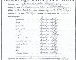 Krystyna Tomaszewska's certificate of completing the 6th grade of primary school, Valivade, March 29, 1947; source: from the collection of Wiesław Stypuła Krystyna Tomaszewska's certificate of completing the 6th grade of primary school, Valivade, March 29, 1947; source: from the collection of Wiesław Stypuła