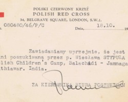 PCK search card sent to determine the fate of Kazimiera Stypuła – mother of a Polish refugee in India – by her son Wiesław, 18 October 1947; source: from Wiesław Stypuła's collection PCK search card sent to determine the fate of Kazimiera Stypuła – mother of a Polish refugee in India – by her son Wiesław, 18 October 1947; source: from Wiesław Stypuła's collection