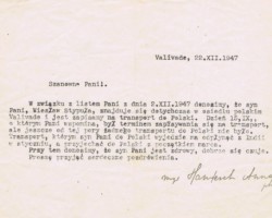 Letter regarding the search for Wiesław Stypuła – a Polish refugee in India – sent to his mother Kazimiera in connection with her determination of the fate of her son and information about Wiesław's planned departure to Poland, 22 December 1947; source: from the collection of Wiesław Stypuła Letter regarding the search for Wiesław Stypuła – a Polish refugee in India – sent to his mother Kazimiera in connection with her determination of the fate of her son and information about Wiesław's planned departure to Poland, 22 December 1947; source: from the collection of Wiesław Stypuła