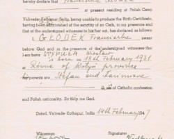 Affidavit (document issued to refugees leaving India) by Wiesław Stypuła, replacing an official birth certificate, Valivade, 14 February 1947; source: from the collection of Wiesław Stypuła Affidavit (document issued to refugees leaving India) by Wiesław Stypuła, replacing an official birth certificate, Valivade, 14 February 1947; source: from the collection of Wiesław Stypuła