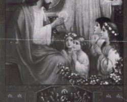 Commemorative certificate of Danuta Grula on her First Holy Communion in Balachadi, April 15, 1945; source: from the collection of Wiesław Stypuła Commemorative certificate of Danuta Grula on her First Holy Communion in Balachadi, April 15, 1945; source: from the collection of Wiesław Stypuła