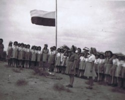 Ceremonial raising of the scout banner at the camp; source: from the collection of Wiesław Stypuła Ceremonial raising of the scout banner at the camp; source: from the collection of Wiesław Stypuła