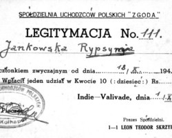 Membership card of the Polish Refugee Cooperative "Zgoda", Valivade, October 1, 1945; source: Poles from India Association Membership card of the Polish Refugee Cooperative "Zgoda", Valivade, October 1, 1945; source: Poles from India Association