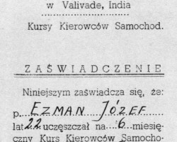 Certificate for Józef Ezman on completing a car drivers course, Kolhapur, January 8, 1946; source: Poles from India Association Certificate for Józef Ezman on completing a car drivers course, Kolhapur, January 8, 1946; source: Poles from India Association