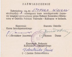 Certificate of completion of a bookbinding course by Wiesław Stypuła, Valivade, March 25, 1947; source: from Wiesław Stypuła's collection Certificate of completion of a bookbinding course by Wiesław Stypuła, Valivade, March 25, 1947; source: from Wiesław Stypuła's collection