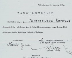 Certificate of completion of a knitting course by Krystyna Tomaszewska, Valivade, January 31, 1947; source: from the collection of Wiesław Stypuła Certificate of completion of a knitting course by Krystyna Tomaszewska, Valivade, January 31, 1947; source: from the collection of Wiesław Stypuła