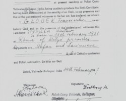 Birth certificate issued for Wiesław Stypuła in the Polish refugee settlement in Valivade; source: from the collection of Wiesław Stypuła Birth certificate issued for Wiesław Stypuła in the Polish refugee settlement in Valivade; source: from the collection of Wiesław Stypuła